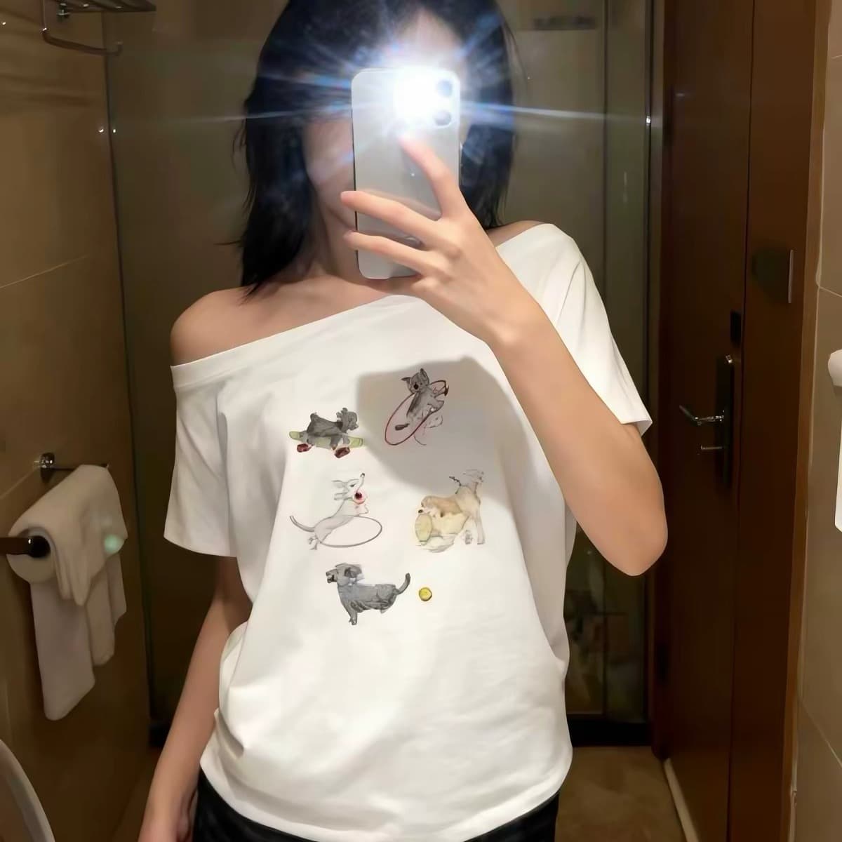 220 그램 92 면 8 암모니아 Lun 아메리칸 핫걸 비스듬한 어깨 알파벳 프린트 반팔 티셔츠 여성 이미지 3