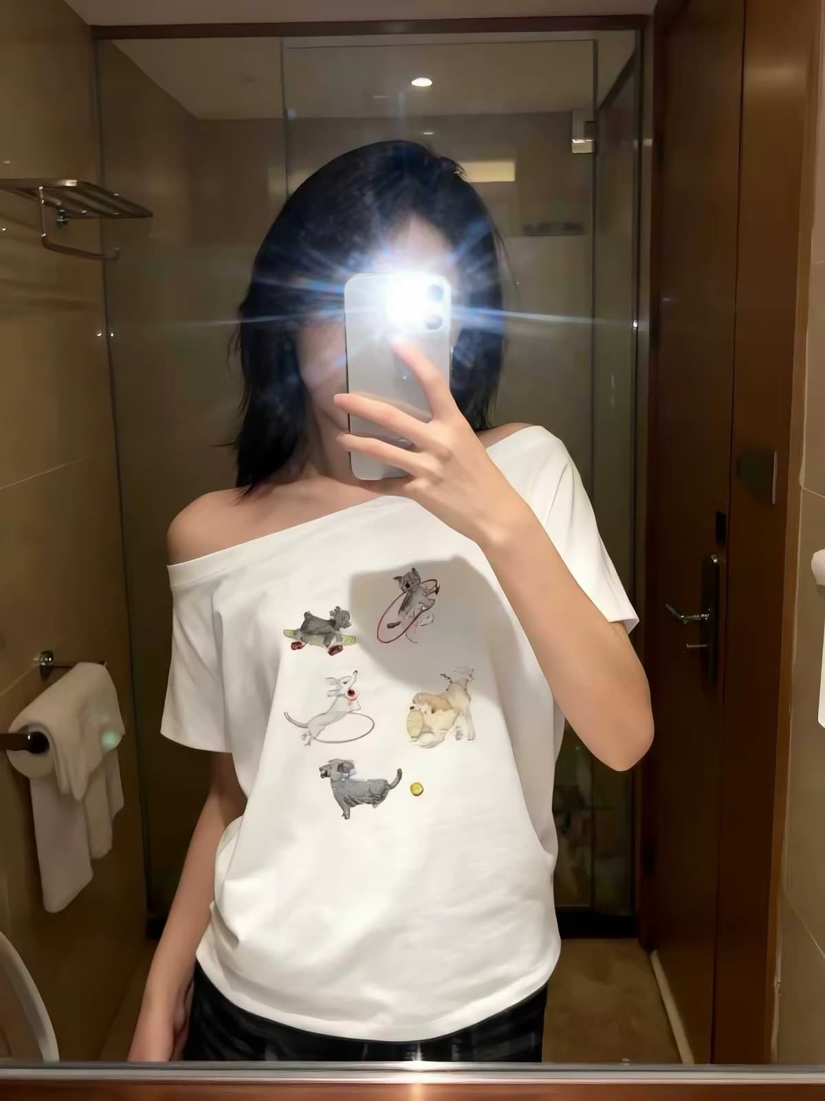 220 그램 92 면 8 암모니아 Lun 아메리칸 핫걸 비스듬한 어깨 알파벳 프린트 반팔 티셔츠 여성 상세 이미지 3