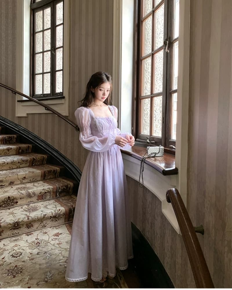 신선함 보라색 롱 코트 광장 칼라 긴팔 여성 드레스 여름 프랑스식 레트로 천 금빛 바람 품격 허리 수축 치마 상세 이미지 12
