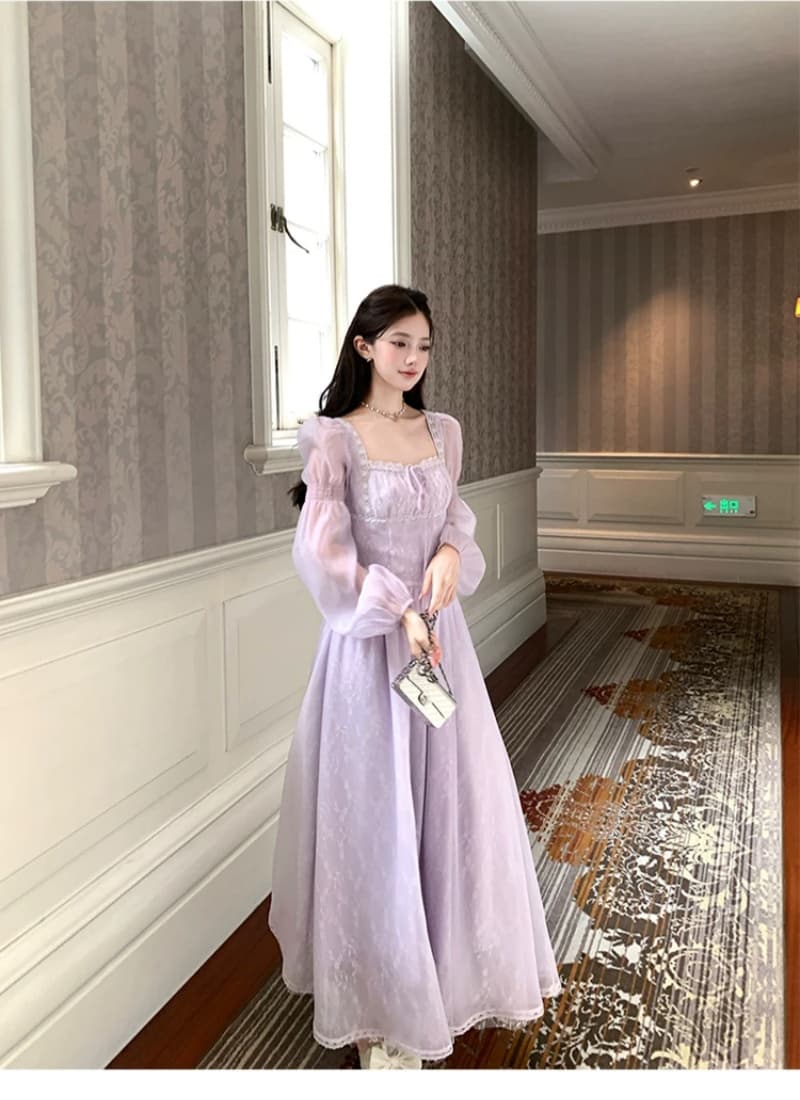 신선함 보라색 롱 코트 광장 칼라 긴팔 여성 드레스 여름 프랑스식 레트로 천 금빛 바람 품격 허리 수축 치마 이미지 2