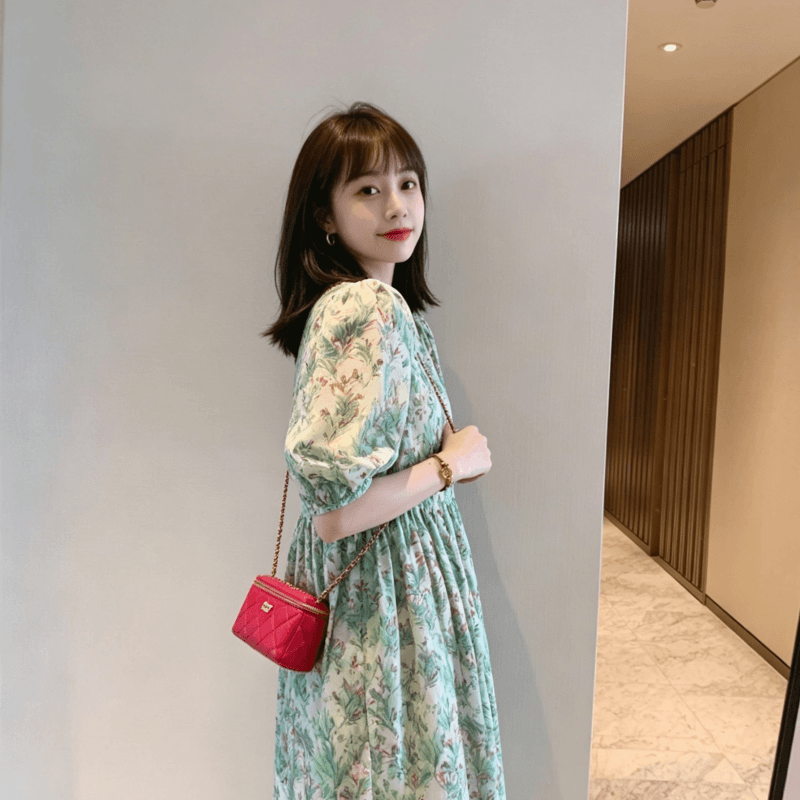 미 고대 프랑스식 레트로 녹색 쿠이 후아 스트레이트 드레스 고급 센스 차 휴식 롱 스커트 휴가 해변가 치마 이미지 3