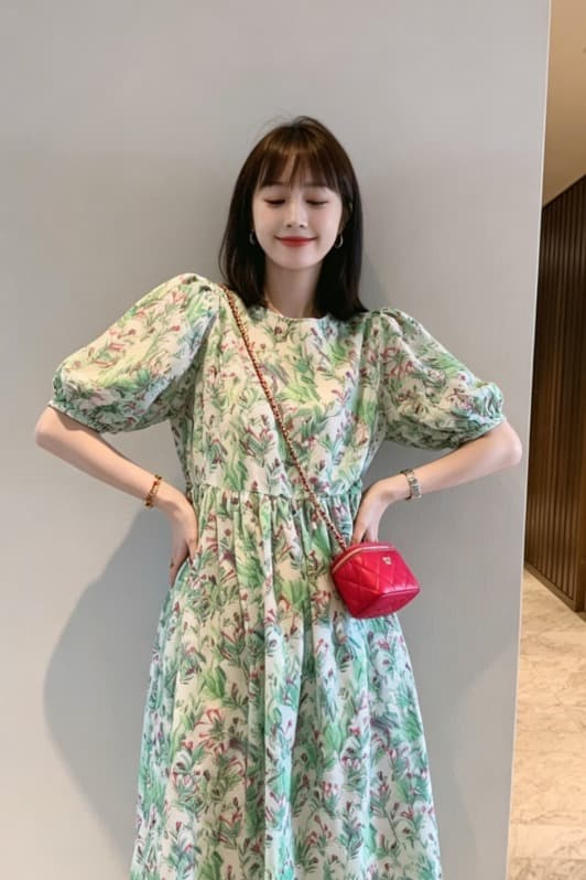 미 고대 프랑스식 레트로 녹색 쿠이 후아 스트레이트 드레스 고급 센스 차 휴식 롱 스커트 휴가 해변가 치마 이미지 6