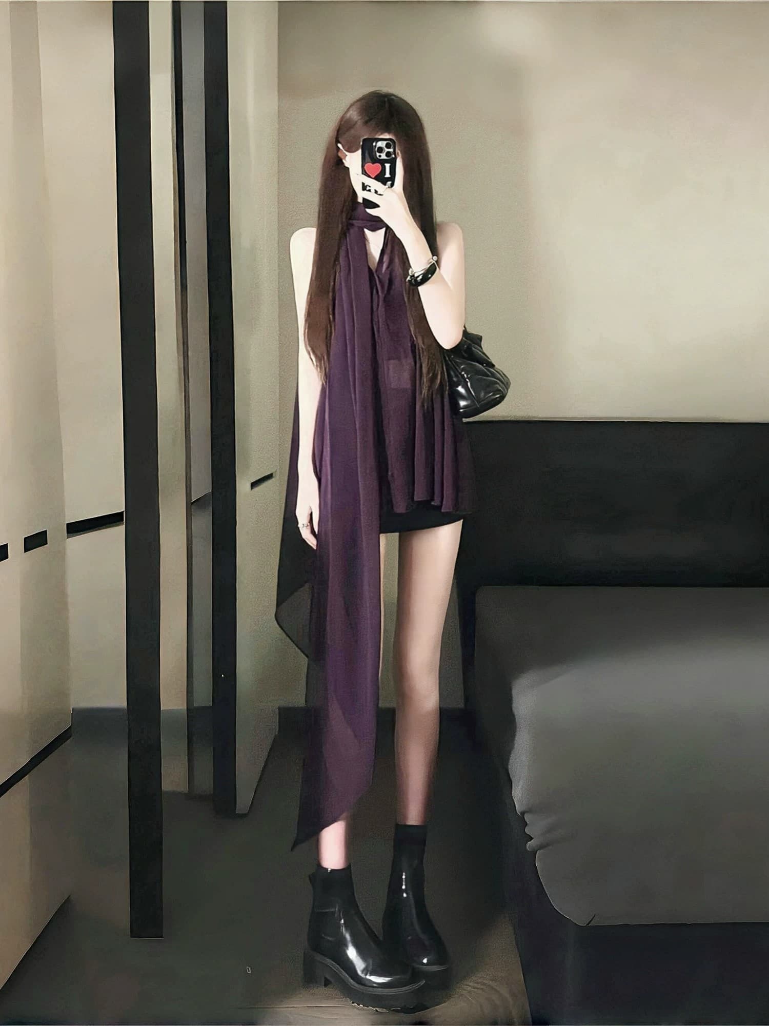 행침 목 여성 드레스 프랑스식 고급 센스 명문 여성 보라색 민소매 V넥 쉬폰 치마 루즈핏 슬림해 보이는 A라인 스커트 상세 이미지 4