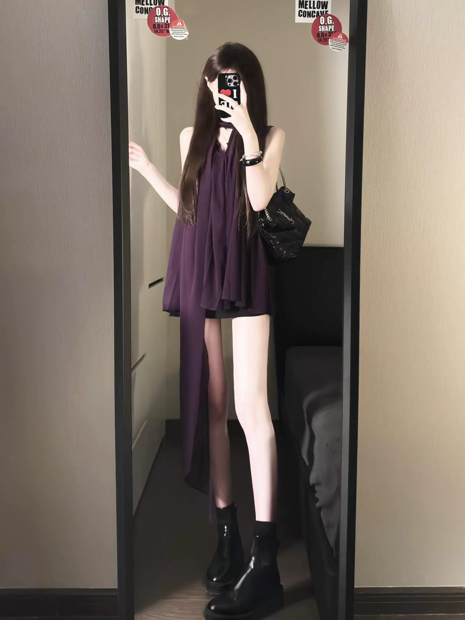 행침 목 여성 드레스 프랑스식 고급 센스 명문 여성 보라색 민소매 V넥 쉬폰 치마 루즈핏 슬림해 보이는 A라인 스커트 상세 이미지 5