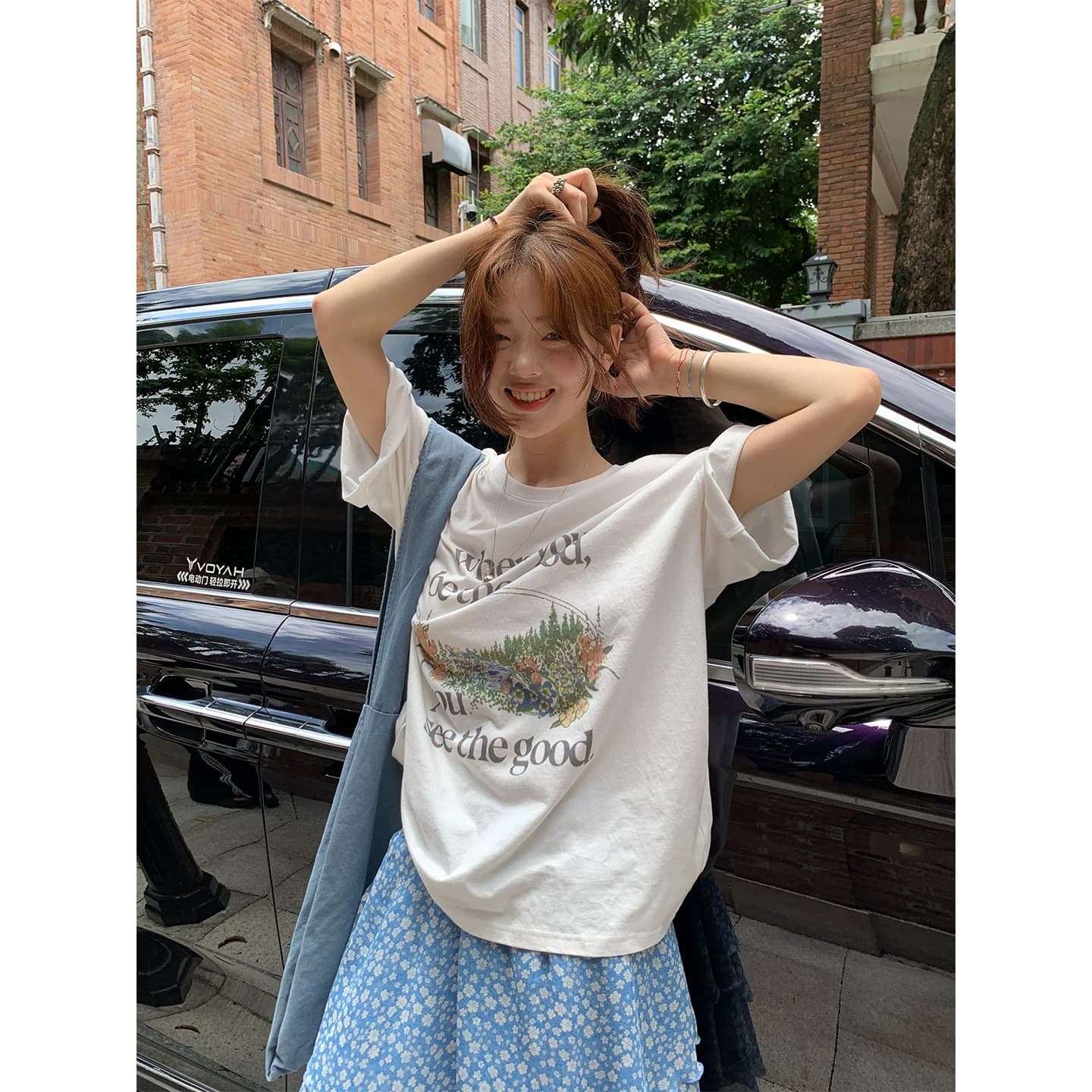 순면 이후 패키지 칼라 bm 조수 브랜드 인터넷 유명인 한국 스타일 하라주쿠 와이드 바람 소나무 맨위 캐주얼 프린트 연령 감소 반팔 티셔츠 여성 상세 이미지 3