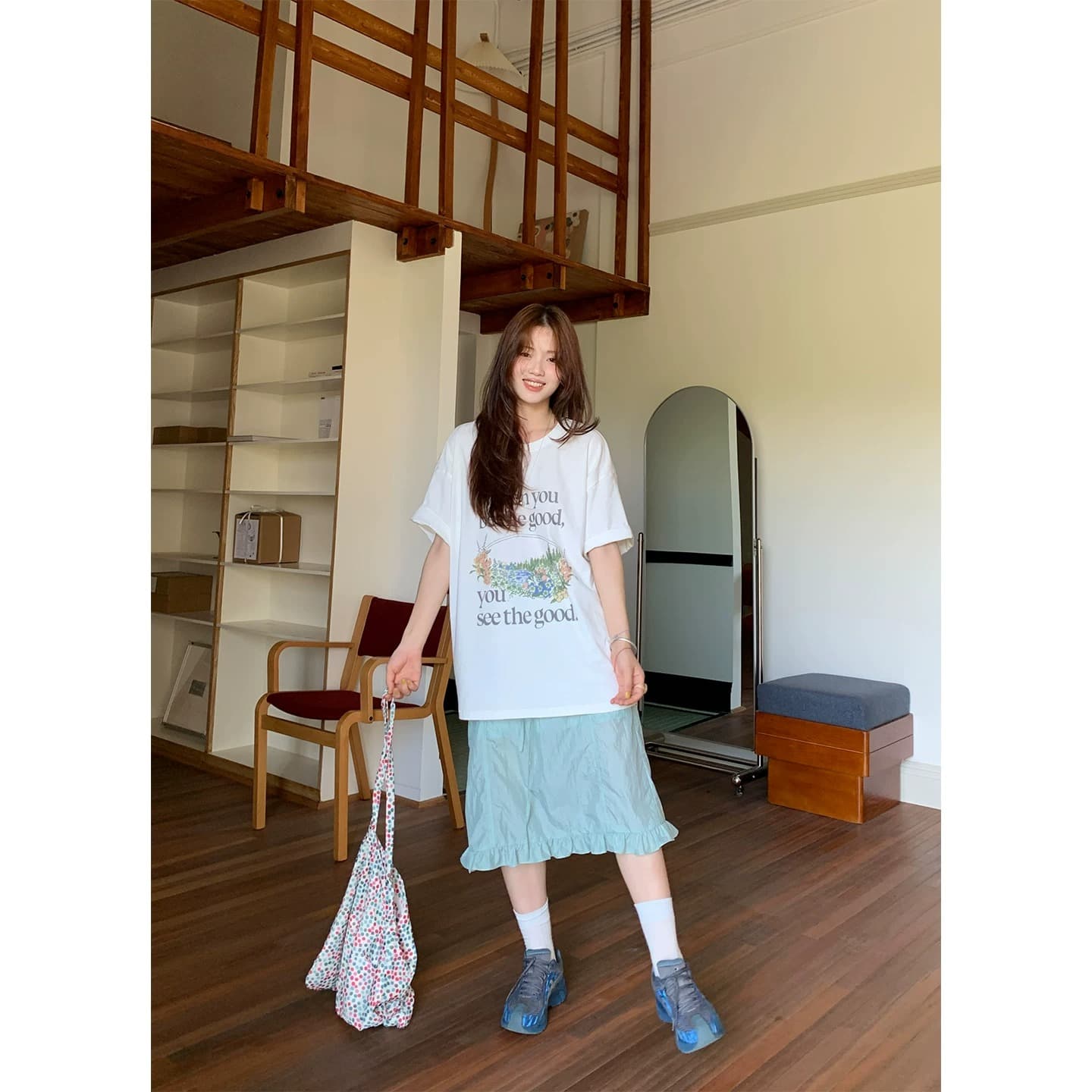 순면 이후 패키지 칼라 bm 조수 브랜드 인터넷 유명인 한국 스타일 하라주쿠 와이드 바람 소나무 맨위 캐주얼 프린트 연령 감소 반팔 티셔츠 여성 상세 이미지 6