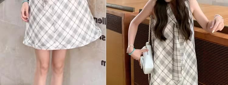 봄 여름 품격 V넥 민소매 슬림해 보이는 여성 조끼 스커트 프랑스식 디자인 센스 체크무늬 드레스 캐주얼 여성 여름 드레스 상세 이미지 11