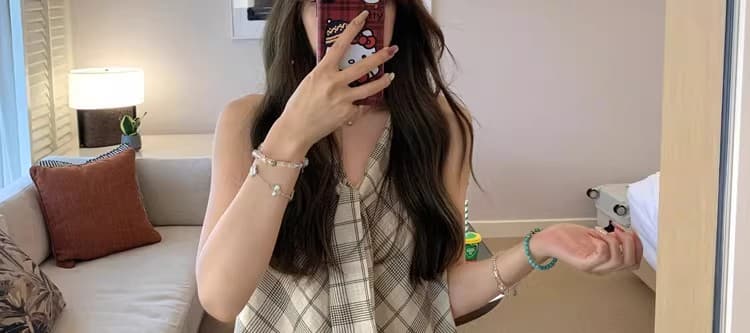 봄 여름 품격 V넥 민소매 슬림해 보이는 여성 조끼 스커트 프랑스식 디자인 센스 체크무늬 드레스 캐주얼 여성 여름 드레스 상세 이미지 34