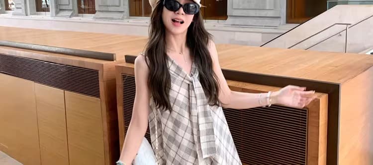 봄 여름 품격 V넥 민소매 슬림해 보이는 여성 조끼 스커트 프랑스식 디자인 센스 체크무늬 드레스 캐주얼 여성 여름 드레스 상세 이미지 37