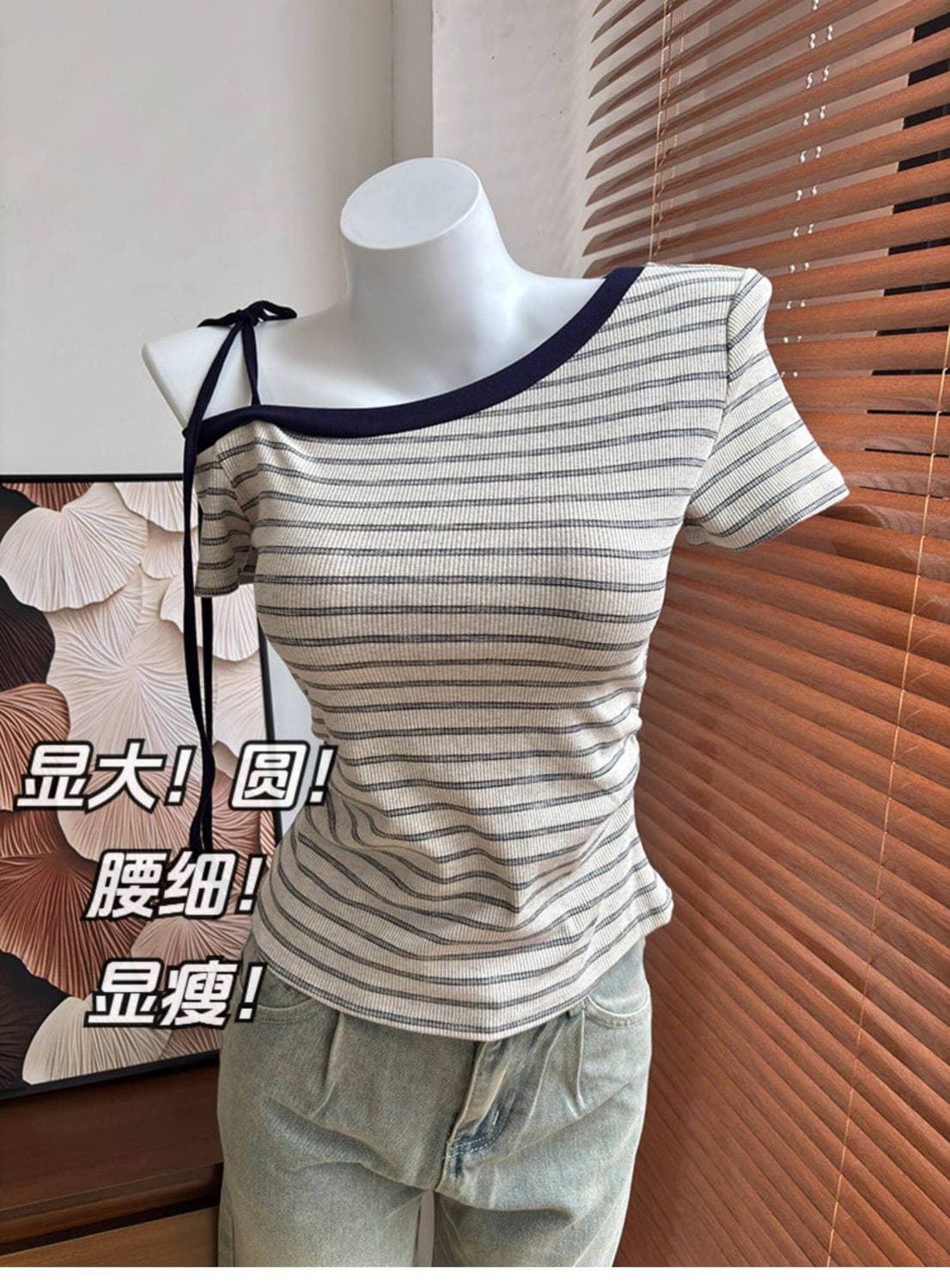 원본 풍부한 서울 면 스트라이프 통제 비스듬한 어깨 반팔 티셔츠 여성 여름 한 부서 새로운 느긋한 센스 몸매 가꾸기 슬림해 보이는 상세 이미지 4