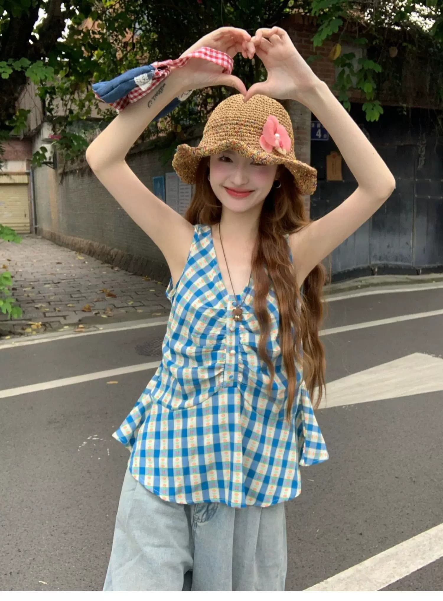 면 린넨 행침 목 캐미솔 여름 태국 사람 스타일 도파민 밝은 고유 한 외출용 아름다운 해변가 민소매 작은 맨위 이미지 2