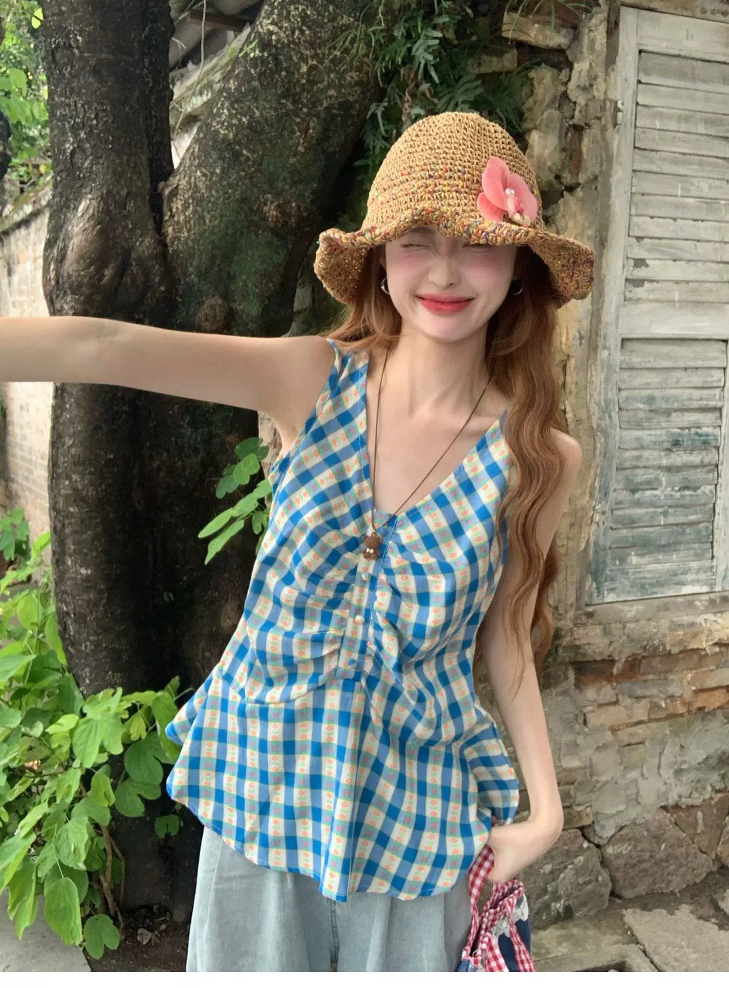 면 린넨 행침 목 캐미솔 여름 태국 사람 스타일 도파민 밝은 고유 한 외출용 아름다운 해변가 민소매 작은 맨위 상세 이미지 2