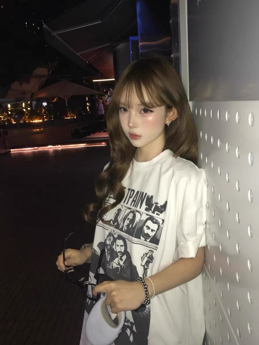 순면 이후 패키지 칼라 bm 조수 브랜드 인터넷 유명인 한국 스타일 하라주쿠 와이드 바람 소나무 맨위 캐주얼 프린트 연령 감소 반팔 티셔츠 여성 이미지 2