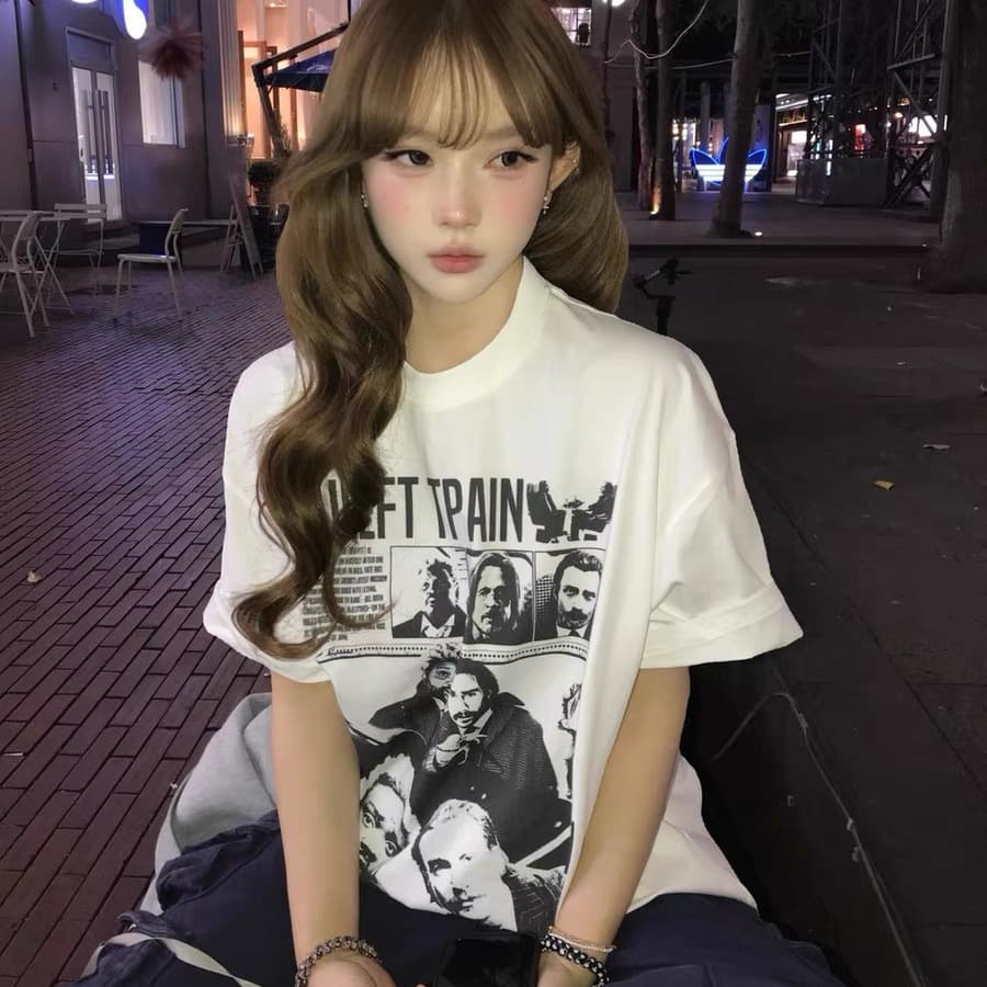 순면 이후 패키지 칼라 bm 조수 브랜드 인터넷 유명인 한국 스타일 하라주쿠 와이드 바람 소나무 맨위 캐주얼 프린트 연령 감소 반팔 티셔츠 여성