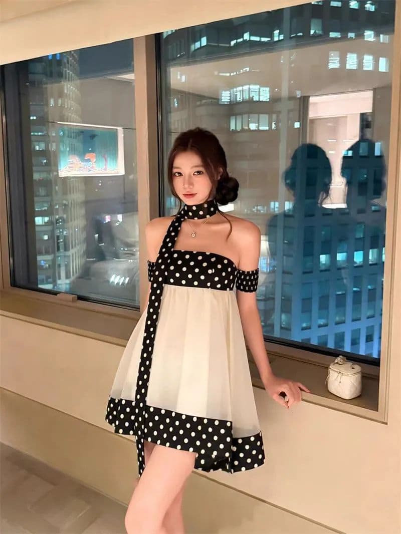 프랑스식 천 금빛 바람 도트 무늬 패치워크 여성 드레스 26 여름 새로운 귀여운 튜브탑 인형 치마 작은 키 미니 스커트 상세 이미지 2