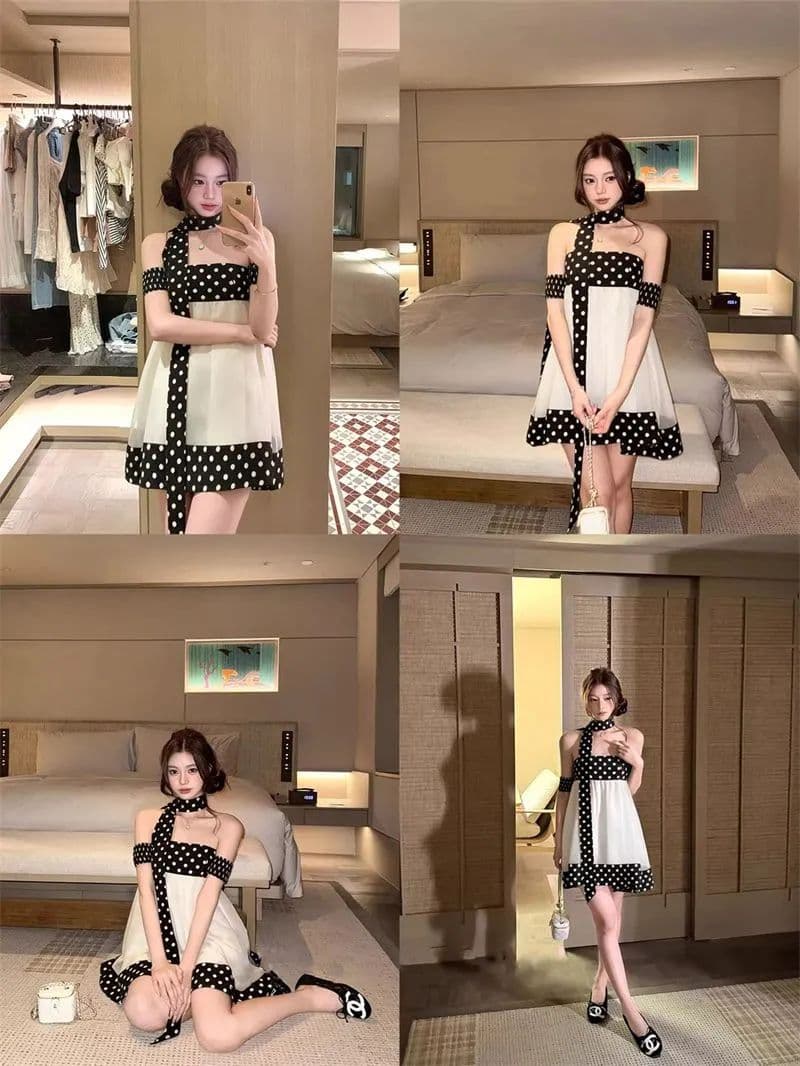 프랑스식 천 금빛 바람 도트 무늬 패치워크 여성 드레스 26 여름 새로운 귀여운 튜브탑 인형 치마 작은 키 미니 스커트 상세 이미지 5