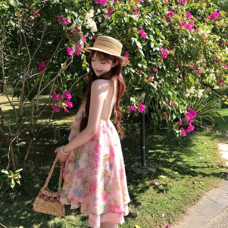 원본 자카드 원단 핑크색 꽃무늬 백리스 행침 목 여성 드레스 여름 휴가 아름다운 품격 치마 이미지 2
