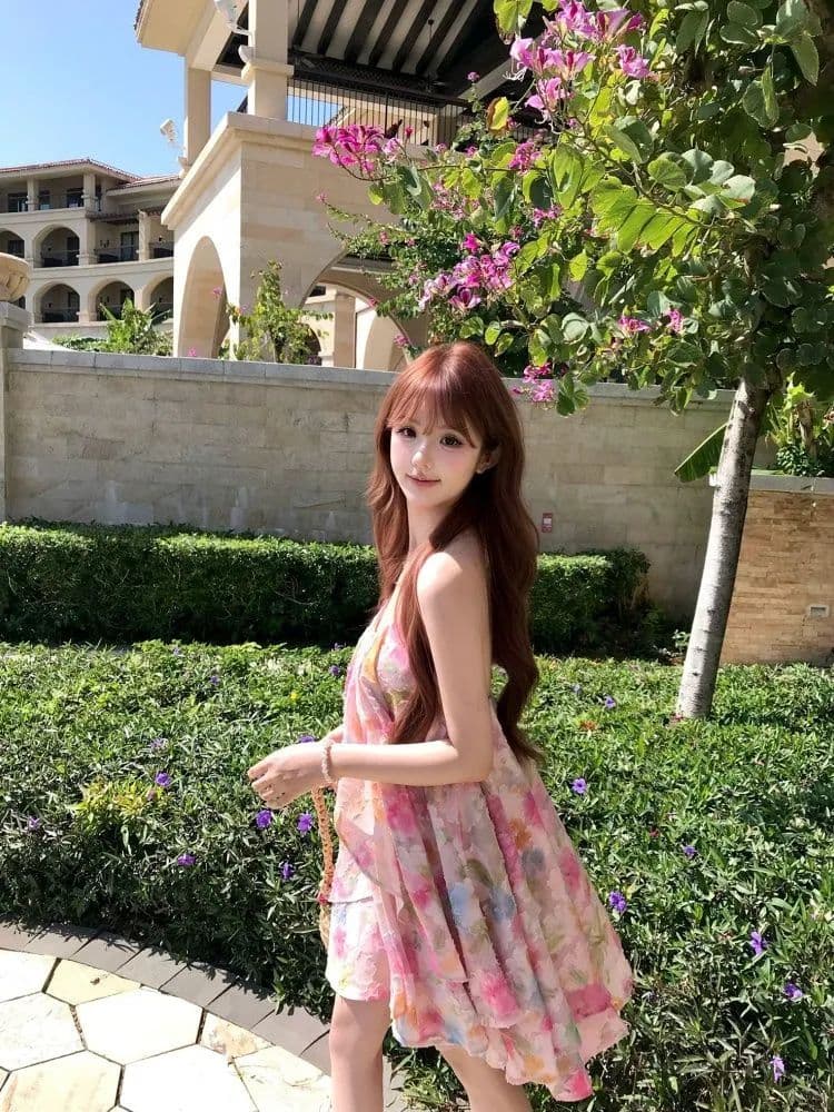 원본 자카드 원단 핑크색 꽃무늬 백리스 행침 목 여성 드레스 여름 휴가 아름다운 품격 치마 이미지 4