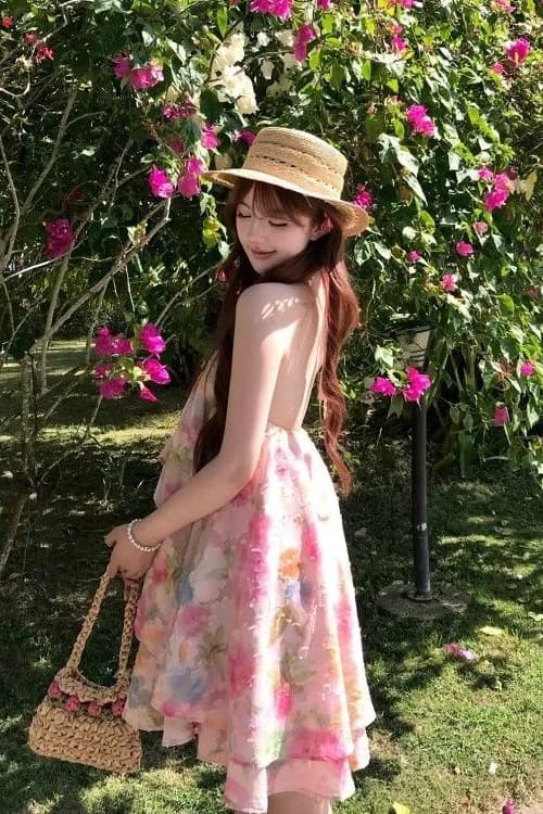 원본 원단 핑크색 꽃무늬 백리스 행침 목 여성 드레스 여름 해변가 휴가 아름다운 품격 짧은 치마 이미지 6