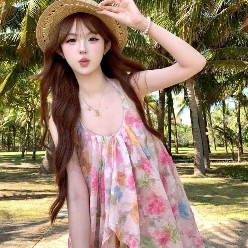 원본 자카드 원단 핑크색 꽃무늬 백리스 행침 목 여성 드레스 여름 휴가 아름다운 품격 치마 이미지 5