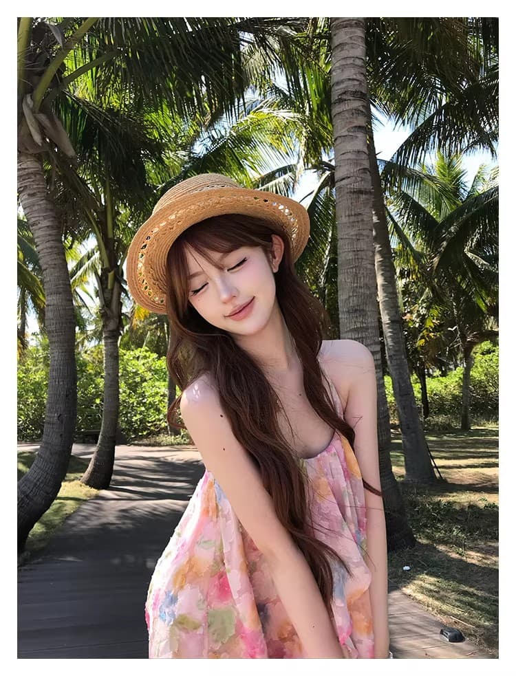 원본 원단 핑크색 꽃무늬 백리스 행침 목 여성 드레스 여름 해변가 휴가 아름다운 품격 짧은 치마 상세 이미지 12