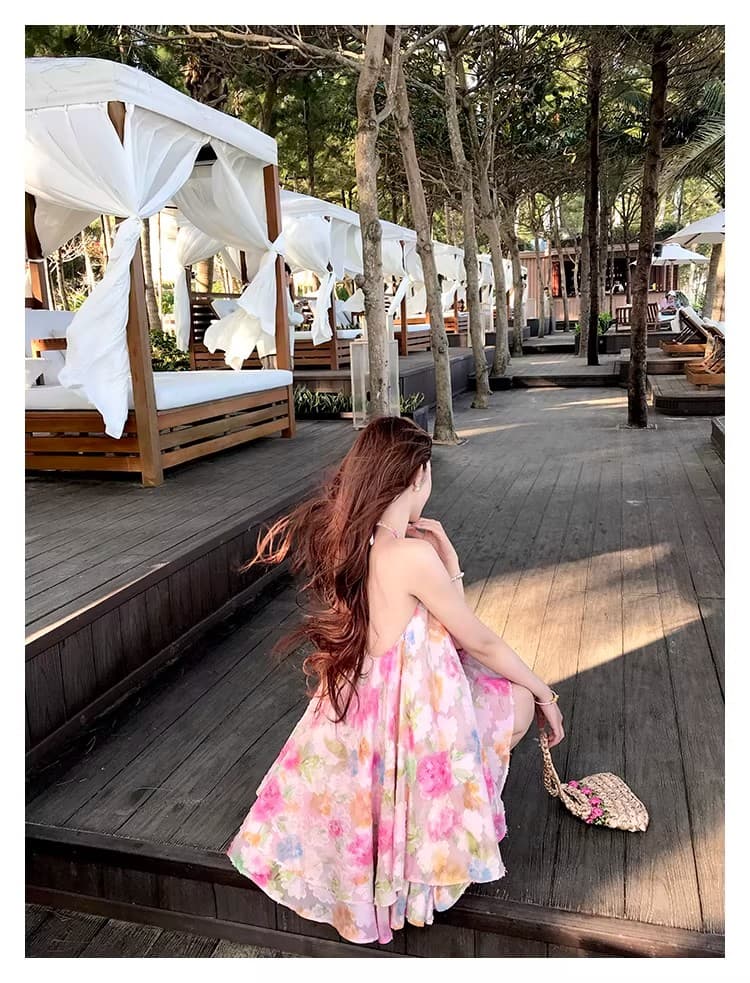 원본 원단 핑크색 꽃무늬 백리스 행침 목 여성 드레스 여름 해변가 휴가 아름다운 품격 짧은 치마 상세 이미지 19