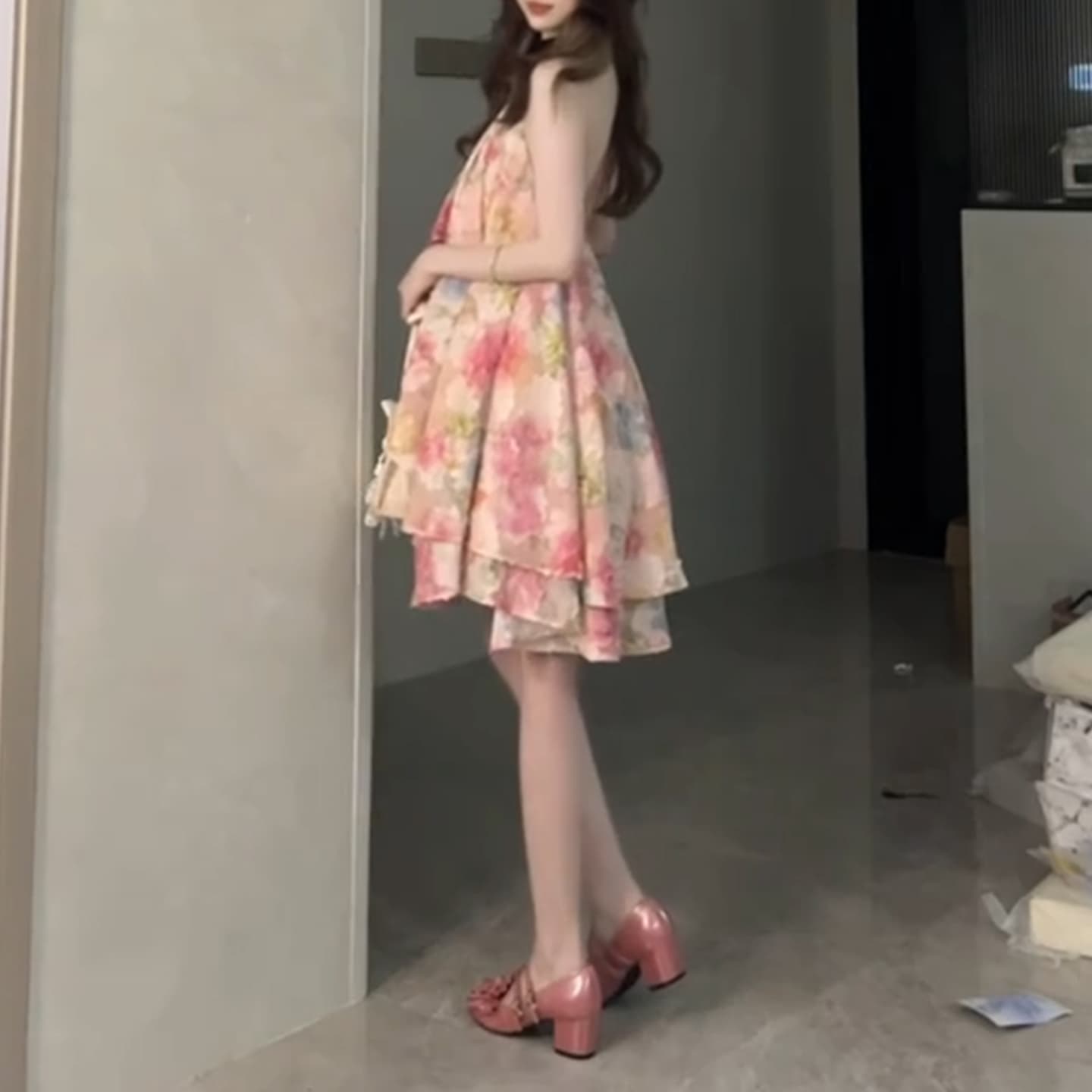 핑크색 꽃무늬 슬립 드레스 아이들 초기 여름 2026 새로운 그레이트 바다를보고 측면 가짜 작은 키 미니 스커트 이미지 2