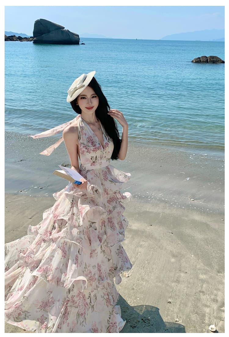 원본 원단 프랑스식 꽃무늬 백리스 행침 목 여성 드레스 여름 해변가 품격 허리 수축 케이크 드레스 롱 스커트 상세 이미지 13