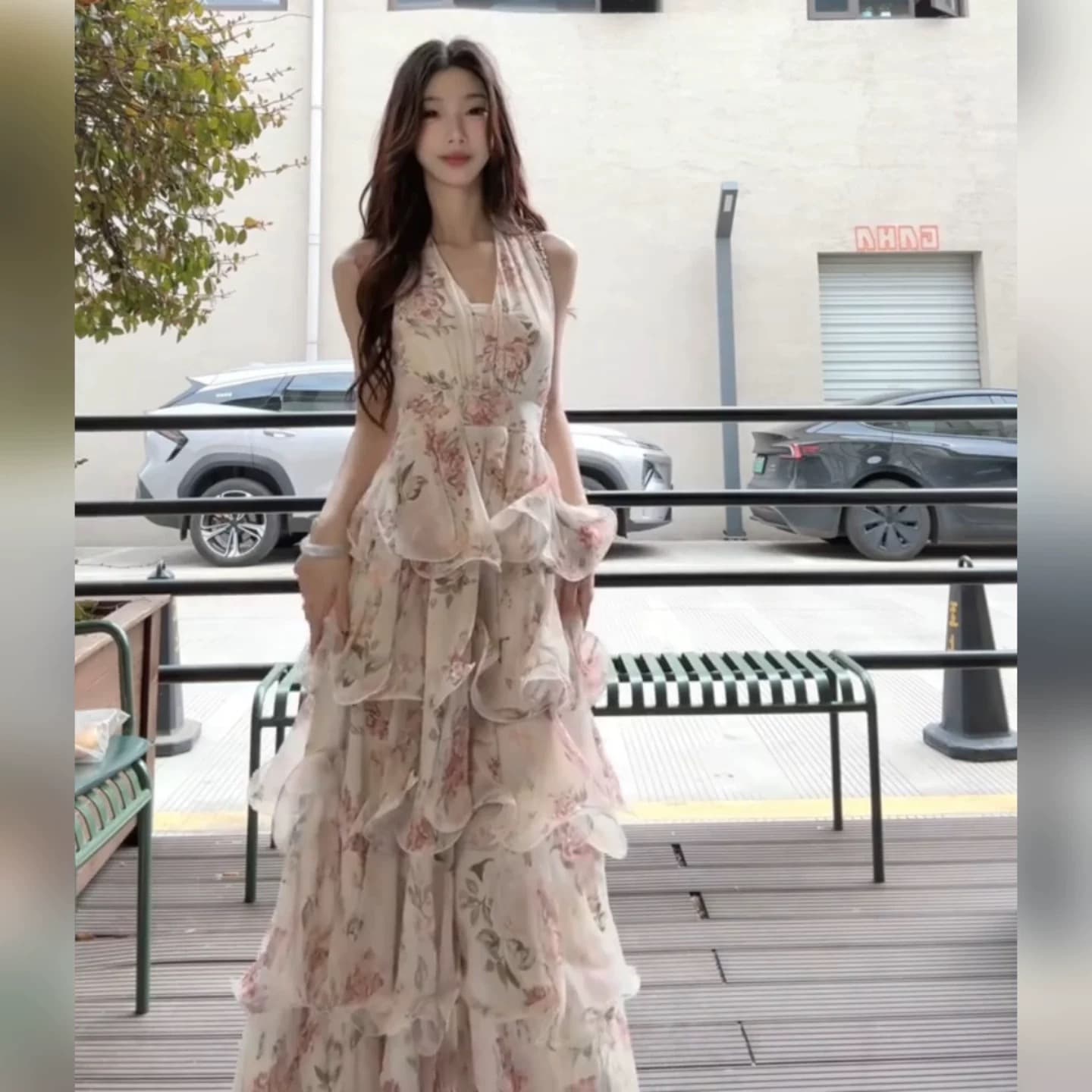 for fay 이슬 장미 정원 프랑스식 휴가 바람 프린트 행침 목 쉬폰 케이크 롱 스커트 여성 V넥 드레스 이미지 4