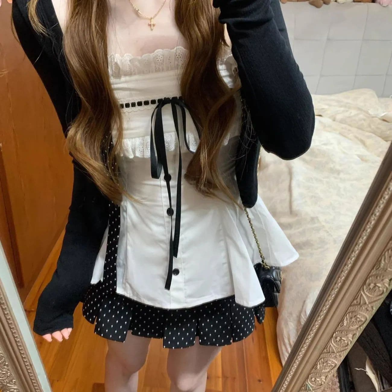 한 부서 자이언트 잘 생긴 ootd 착용 가져 가라. 전체 집합 이른 봄 2026 새로운 miu 부서 점프 슈트 치마 짧은 스커트 세트 이미지 4
