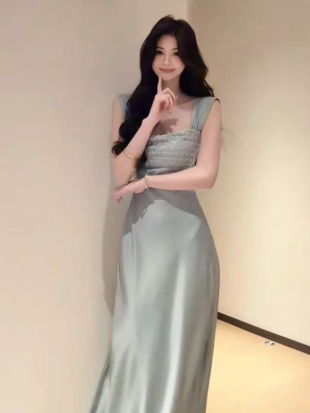 프랑스식 부드러운 명문 여성 분위기 센스 무거운 작업 다이아몬드 세팅 새틴 드레스 새로운 작은 대중 빛 럭셔리 슬림해 보이는 허리 수축 롱 스커트 이미지 3