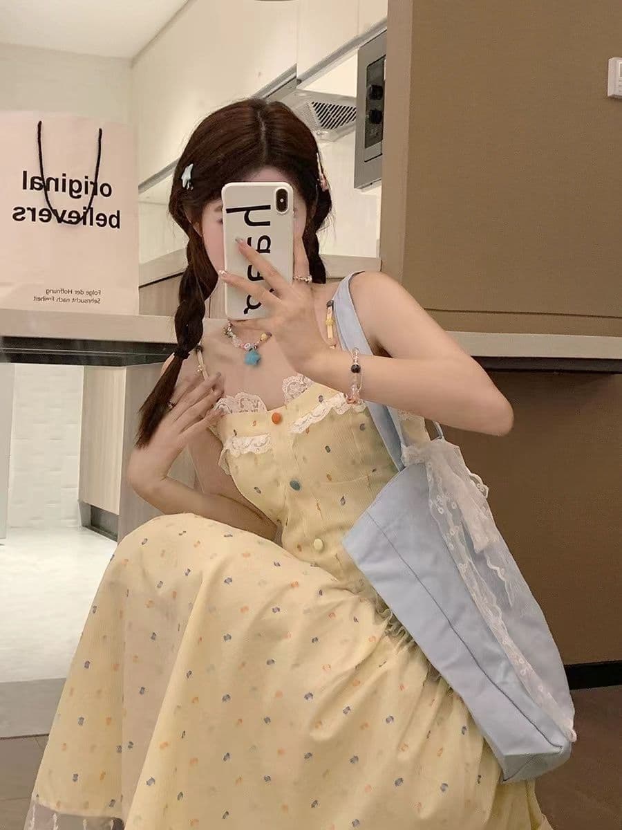 사탕 연인 프랑스식 부드러운 바람 롱 스커트 여성 여름 허리 수축 슬림해 보이는 레이스 조각 달콤함 슬립 여성 드레스 이미지 3