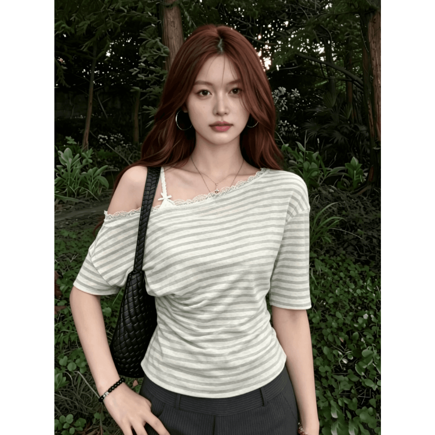 원본 순수한 욕망 부서 컬러 짜임 기사 여름 새로운 한 부서 달콤함 레이스 조각 비스듬한 어깨 스트라이프 블라우스 티셔츠 상세 이미지 5