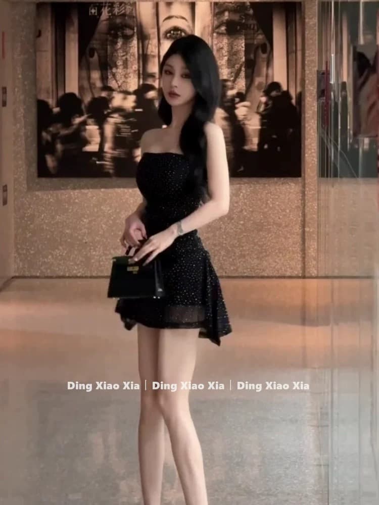 프랑스식 검정색 튜브탑 여성 드레스 여름 순수한 욕망 바람 품격 몸매 가꾸기 슬림해 보이는 허리 수축 아름다운 슈퍼 잘 생긴 미니 스커트 상세 이미지 6