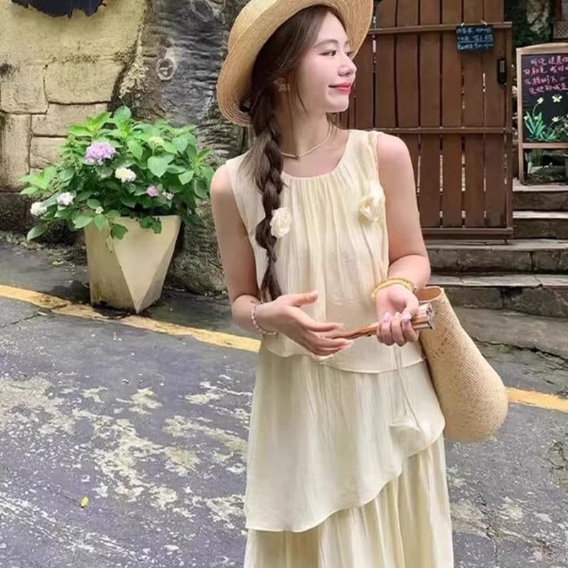 원본 것 있음 네리 한 부서 분위기 센스 착용 가져 가라. 출퇴근 품격 드레스 디자인 센스 민소매 조끼 롱 스커트 이미지 4