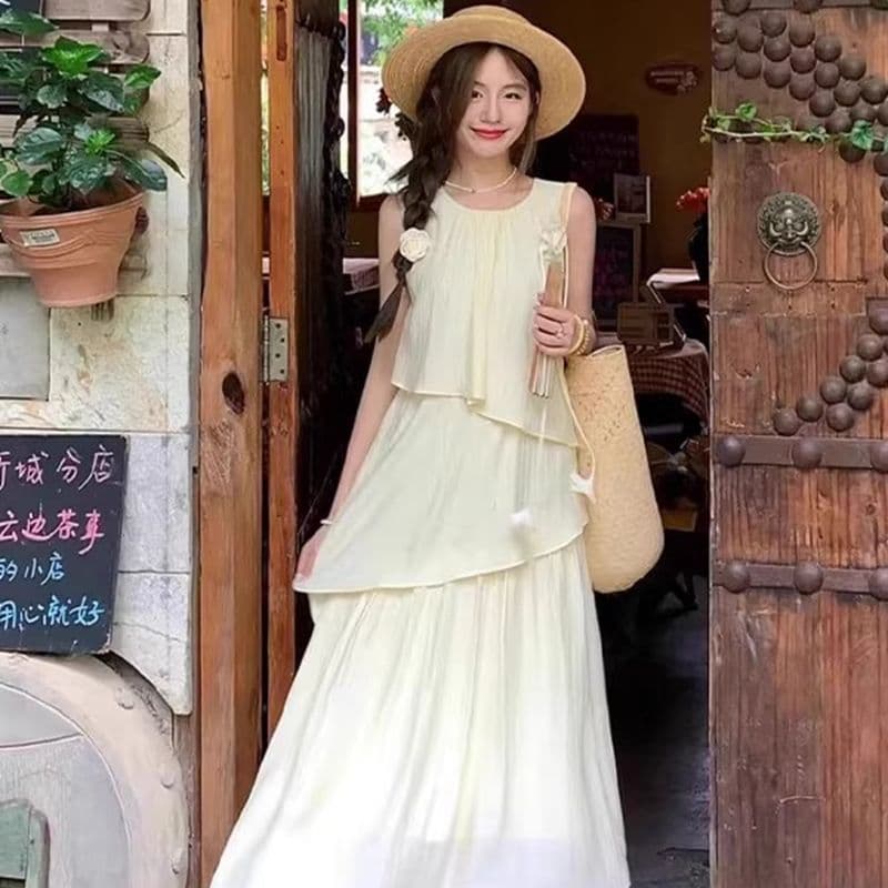 원본 것 있음 네리 한 부서 분위기 센스 착용 가져 가라. 출퇴근 품격 드레스 디자인 센스 민소매 조끼 롱 스커트 이미지 2