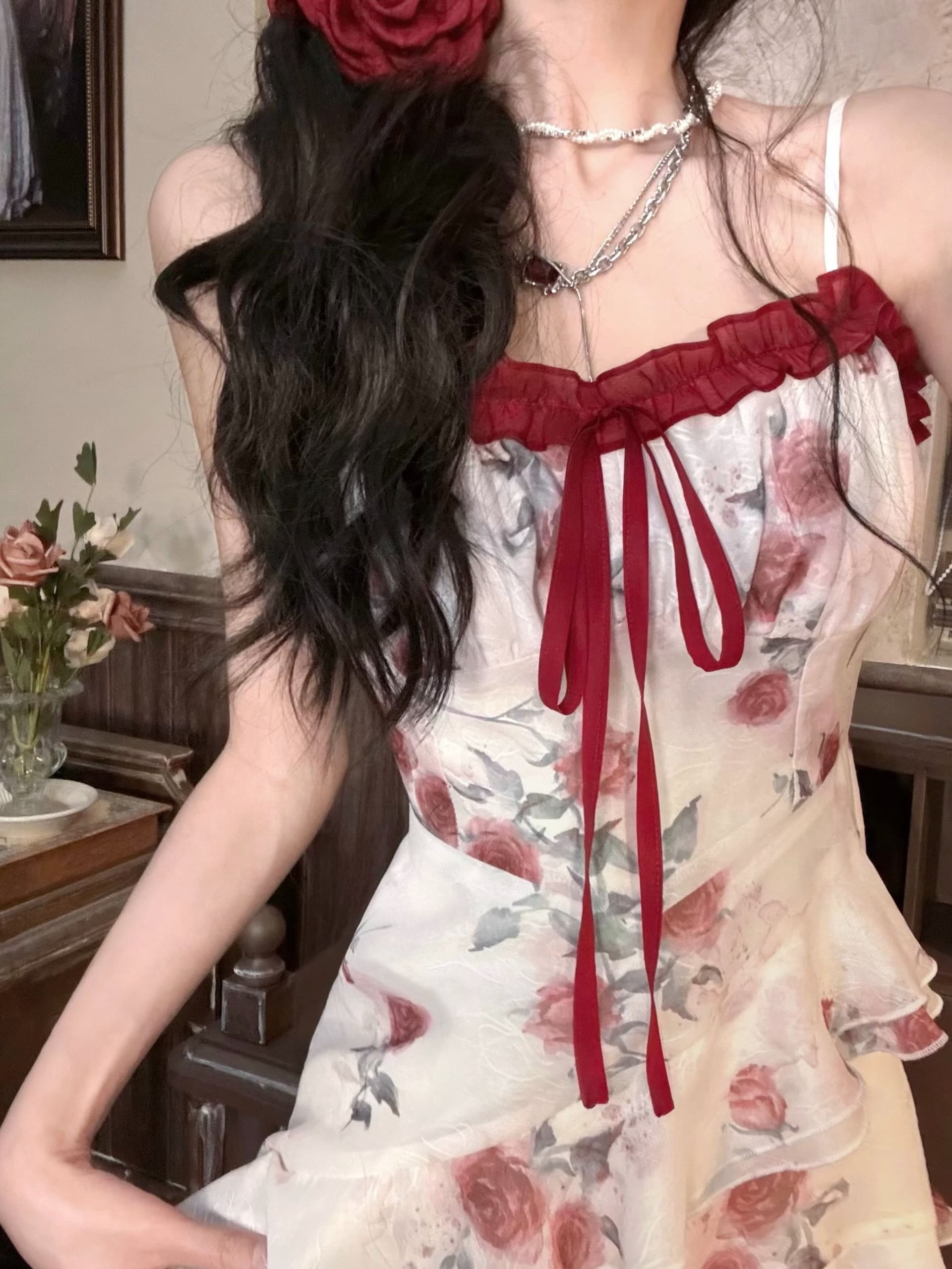 원본 것 있음 네리 프랑스식 차 휴식 프릴 꽃무늬 불규칙 아름다운 해변가 휴가 바람 허리 수축 롱 스커트 상세 이미지 2