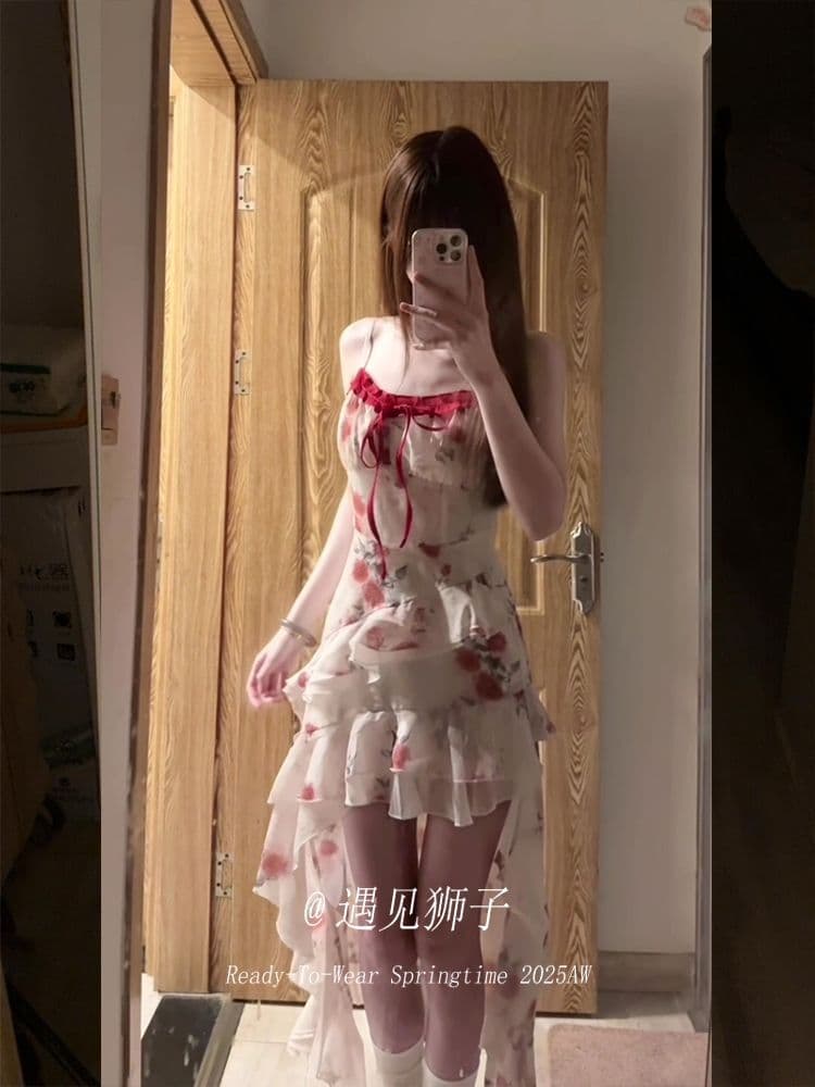원본 것 있음 네리 프랑스식 차 휴식 프릴 꽃무늬 불규칙 아름다운 해변가 휴가 바람 허리 수축 롱 스커트 상세 이미지 5