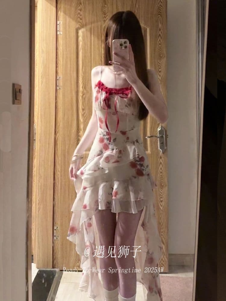 원본 것 있음 네리 프랑스식 차 휴식 프릴 꽃무늬 불규칙 아름다운 해변가 휴가 바람 허리 수축 롱 스커트 상세 이미지 6