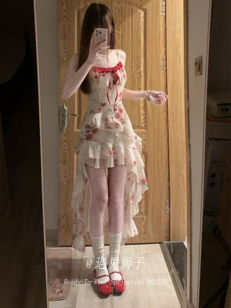 원본 것 있음 네리 프랑스식 차 휴식 프릴 꽃무늬 불규칙 아름다운 해변가 휴가 바람 허리 수축 롱 스커트 상세 이미지 7