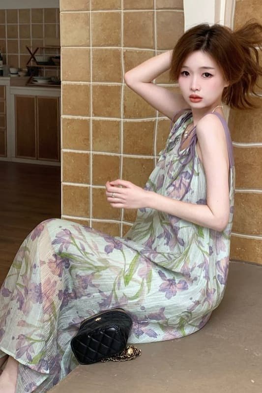 부드러운 품격 보라색 꽃무늬 슬립 드레스 여성 여름 루즈핏 슬림해 보이는 해변가 휴가 드레스 첫사랑 길다 치마 이미지 6