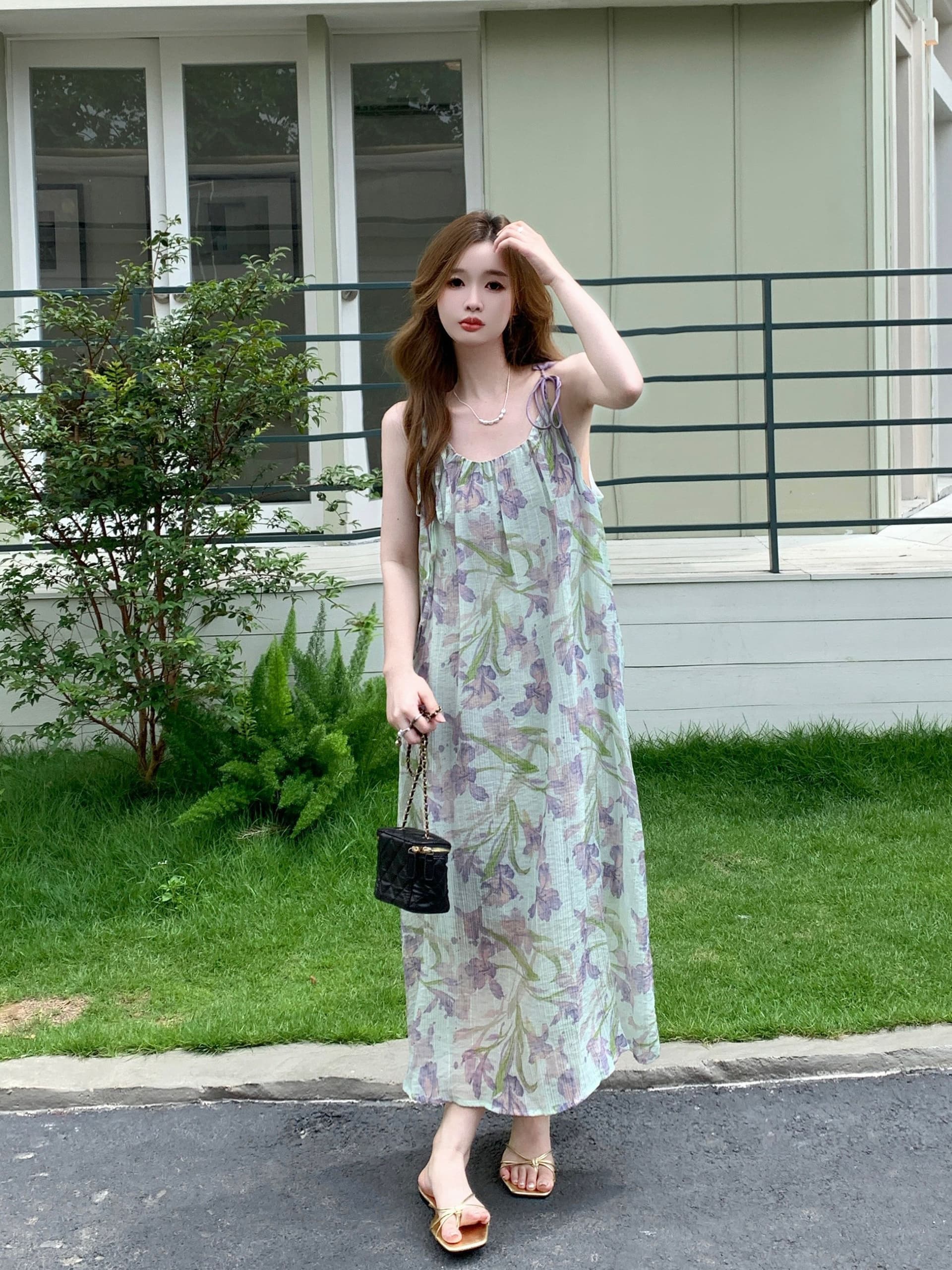 부드러운 품격 보라색 꽃무늬 슬립 드레스 여성 여름 루즈핏 슬림해 보이는 해변가 휴가 드레스 첫사랑 길다 치마 상세 이미지 4
