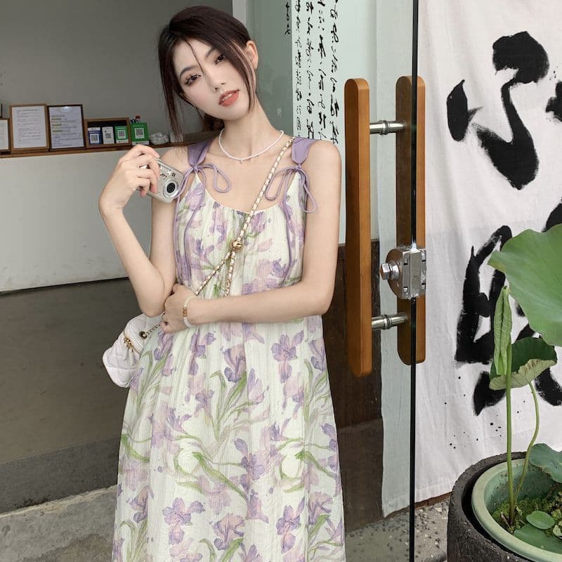 차 휴식 프랑스식 민소매 꽃무늬 슬립 드레스 아이들 여름 2026 새로운 고급 센스 슬림해 보이는 품격 롱 스커트 이미지 3
