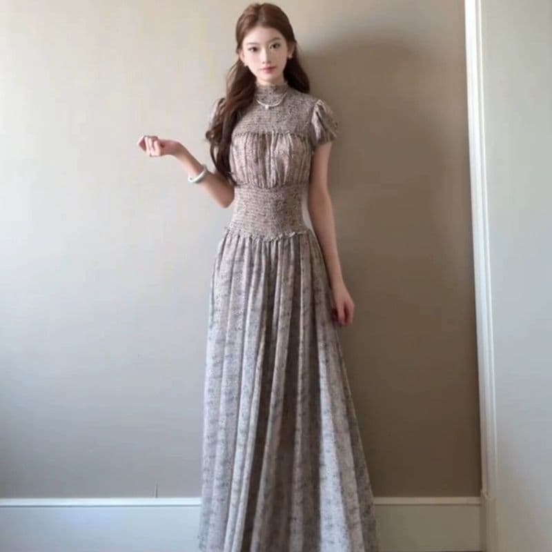 프랑스식 디자인 센스 프린트 주름 무릎 아래 롱 스커트 여성 여름 새로운 패션 여신 팬 허리 수축 망사 드레스 이미지 3