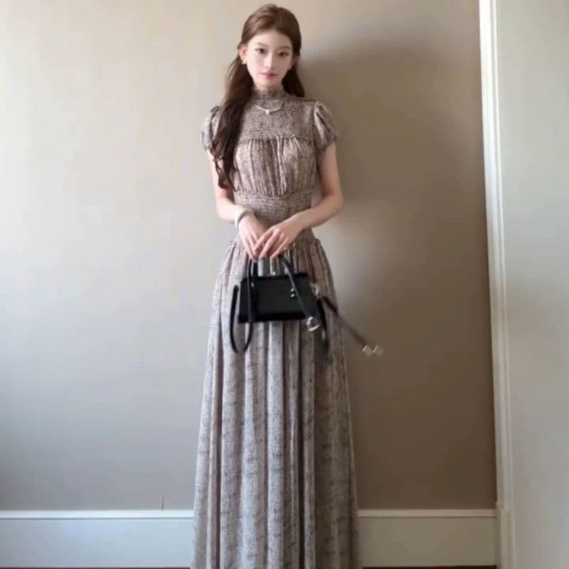 프랑스식 디자인 센스 프린트 주름 무릎 아래 롱 스커트 여성 여름 새로운 패션 여신 팬 허리 수축 망사 드레스 이미지 2