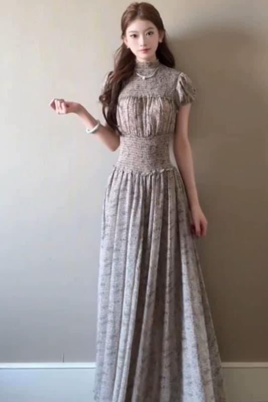 프랑스식 디자인 센스 프린트 주름 무릎 아래 롱 스커트 여성 여름 새로운 패션 여신 팬 허리 수축 망사 드레스 이미지 6
