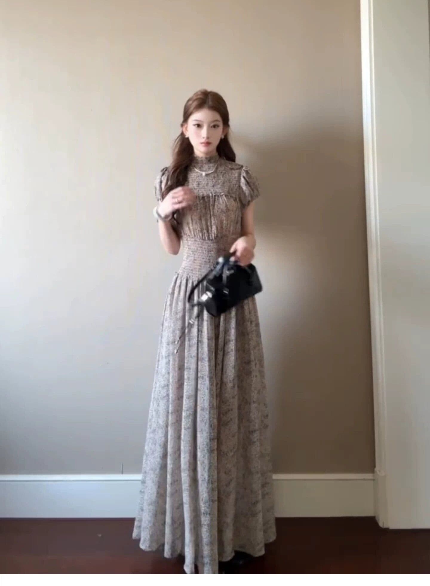 프랑스식 디자인 센스 프린트 주름 무릎 아래 롱 스커트 여성 여름 새로운 패션 여신 팬 허리 수축 망사 드레스 상세 이미지 4