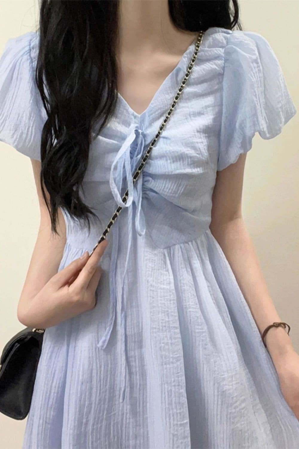 프랑스식 부드러운 바람 파란색 거품 소매 여성 드레스 가을 고급 디자인 센스 작은 대중 작은 키 허리 수축 치마 이미지 6