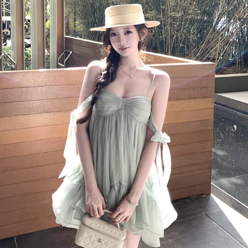 원본 것 있음 네리 해변가 휴가 바람 슬립 드레스 여름 디자인 센스 백리스 쉬폰 한 마디 짧은 치마 이미지 5