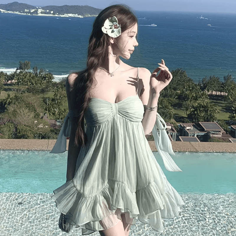 원본 것 있음 네리 프랑스식 슬립 무거운 작업 나비 매듭 프릴 요정 치마 해변가 착용 가져 가라. 슬림해 보이는 미니 스커트